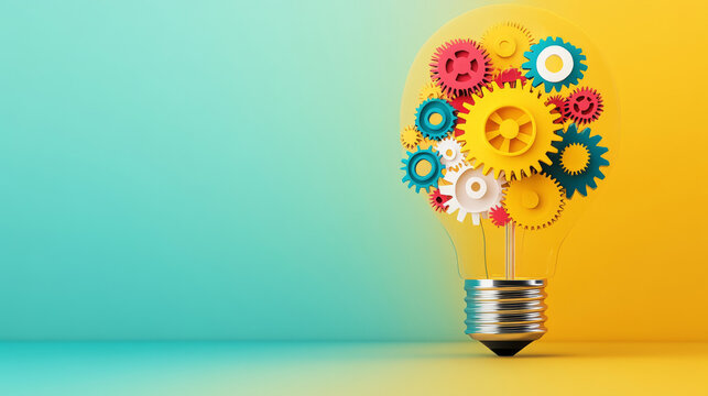 A colorful light bulb filled with gears symbolizes creativity and innovation. vibrant colors evoke sense of excitement and inspiration.