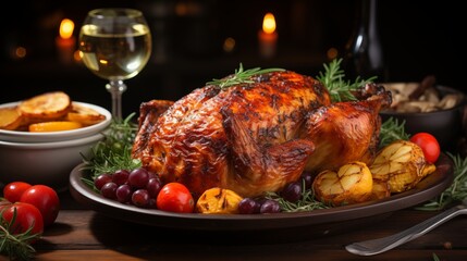 thanksgiving dinner with roasted turkey on rustic wooden table. Copy space