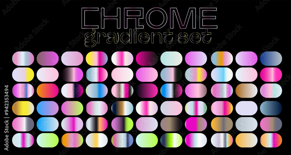 Poster chrome gradients of holographic colors for vector art and design. retrowave style palette.