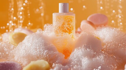 Fototapeta premium A modern shower gel bottle atop fluffy foam, colorful soaps, and soft lighting create a spa-like vibe.