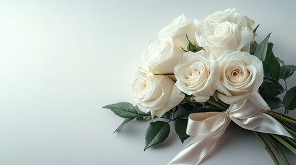 Obraz premium A delicate bouquet of white roses tied with a satin ribbon, set against a light background with copy space.