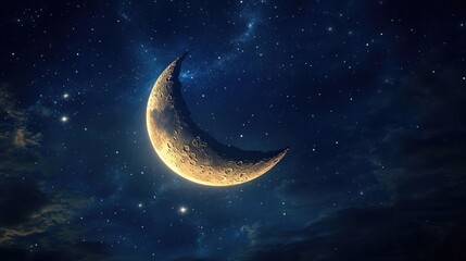 A delicate crescent moon glowing softly against a dark night sky, with a few scattered stars around it. The serene scene leaves ample room for text.