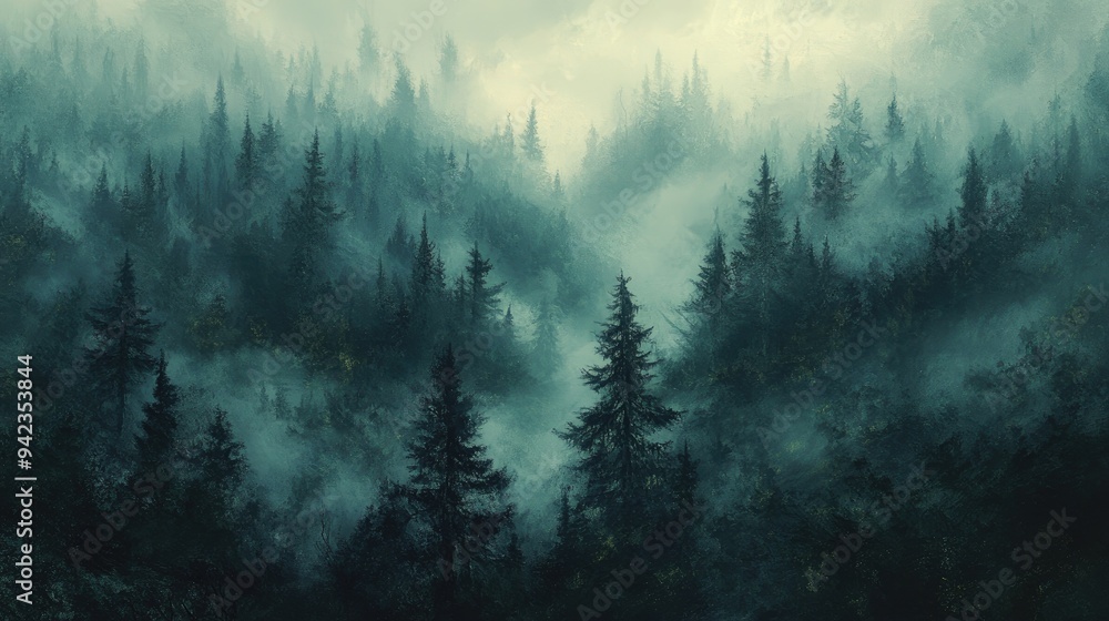 Poster a dense forest shrouded in mist, with only the outlines of the tallest trees visible through the fog