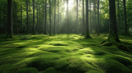 Obraz premium A dense forest floor covered in a thick carpet of green moss, with towering trees and dappled sunlight, providing a serene and tranquil scene with ample space for text.