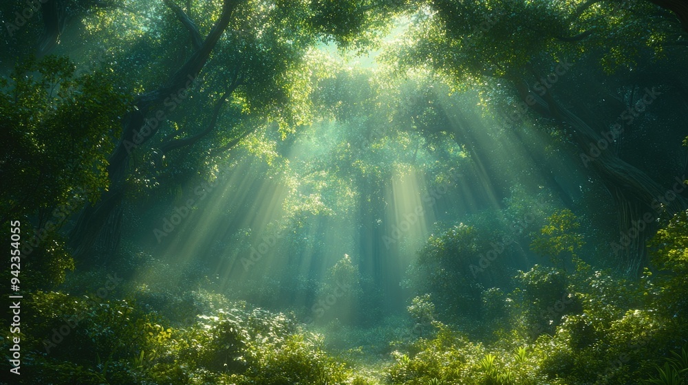 Poster a dense, mysterious forest with rays of light breaking through the thick canopy, creating a dreamlik