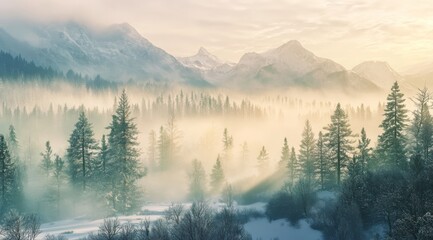 A stunning winter scene features frosty trees draped in snow, majestic mountains looming in the background, and a serene atmosphere filled with soft light and gentle mist, evoking tranquility