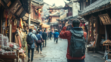 Tourist Capturing the Essence of a Chinese Street