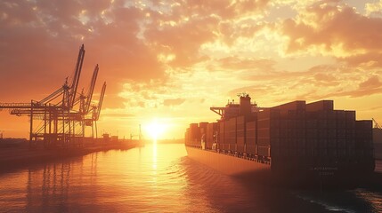 Obraz premium Sunset Cargo Ship at Port