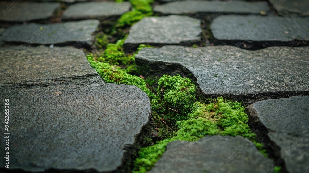 Poster a detailed shot of moss growing between cracks in a stone pathway, offering a blend of natural resil
