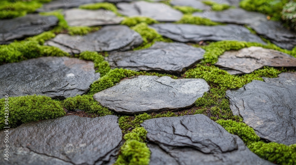 Poster a detailed shot of moss growing between cracks in a stone pathway, offering a blend of natural resil