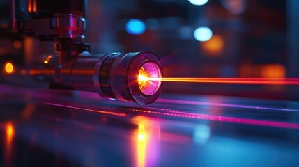 Close-up of advanced technology with laser beams in vibrant colors. High-tech equipment in scientific research or industrial use..