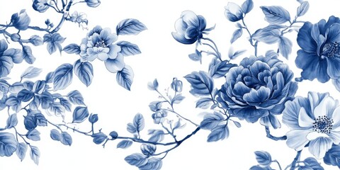 This breathtaking wallpaper showcases exquisite blue flowers that beautifully evoke the charm of porcelain art. It is ideal for elevating the sophistication and style of any home or office space