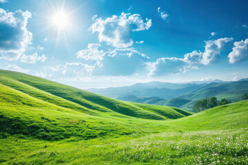Fototapeta premium Smooth meadow on the hill with blue sky, beautiful landscape