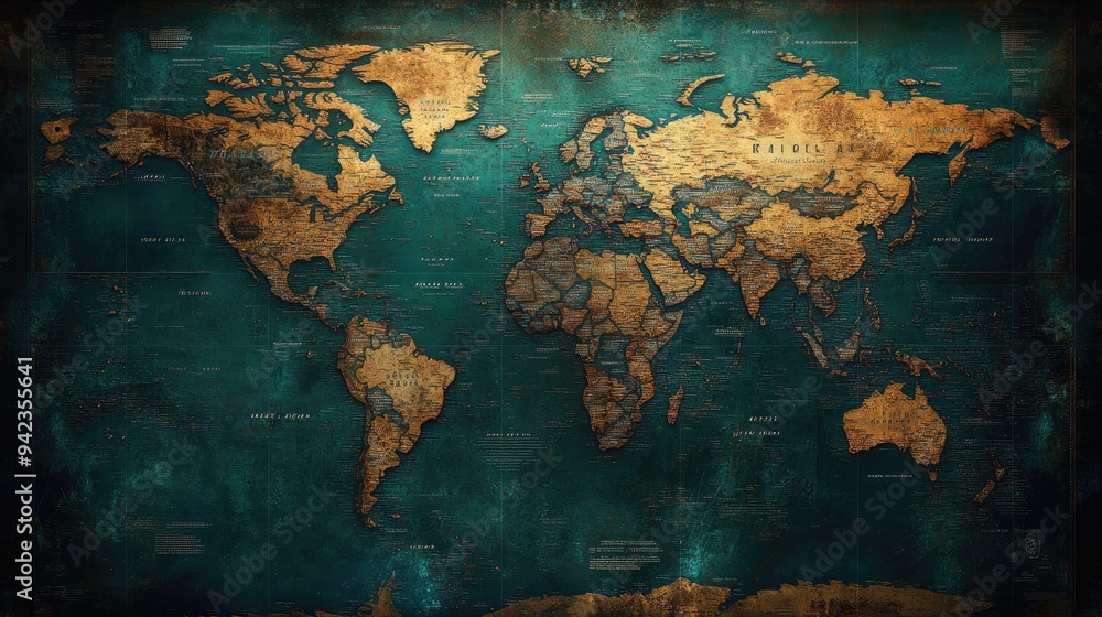 Poster a detailed world map with highlighted travel routes and destinations, ideal for showcasing global ad