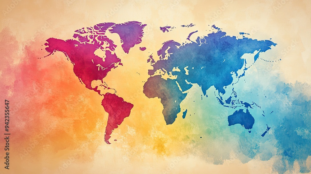 Poster a detailed world map with vibrant colors, creating a dynamic background for travel-related content. 