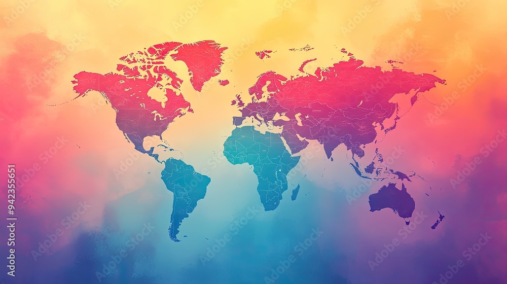 Poster a detailed world map with vibrant colors, creating a dynamic background for travel-related content. 