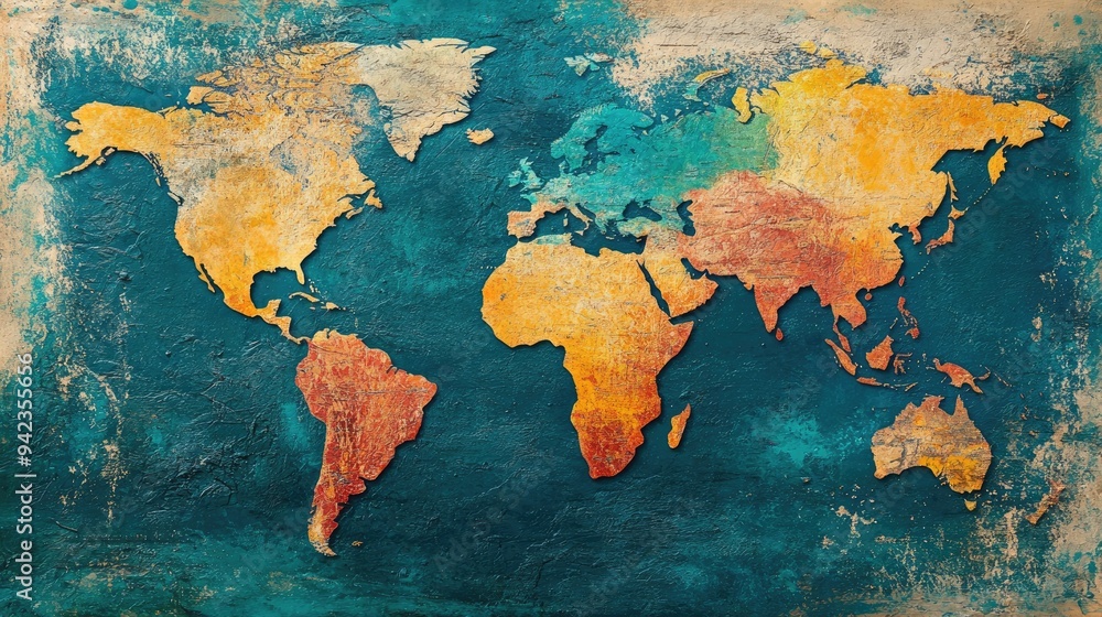 Poster a detailed world map with vibrant colors, creating a dynamic background for travel-related content. 