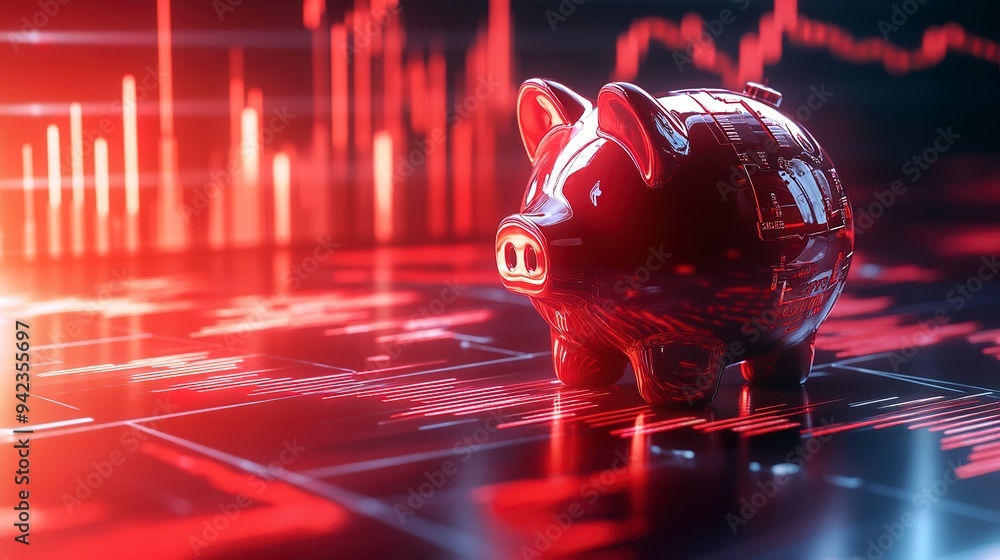 Poster a split piggy bank with red light shining down and a downward red financial graph in the backdrop, s