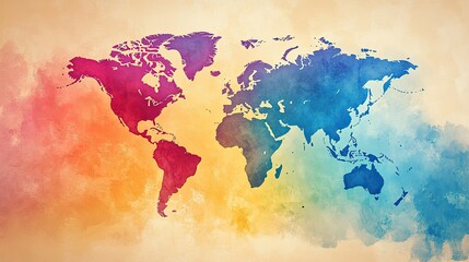 Naklejka premium A detailed world map with vibrant colors, creating a dynamic background for travel-related content. Clear copy space.