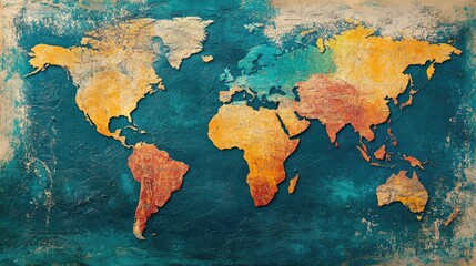 A detailed world map with vibrant colors, creating a dynamic background for travel-related content. Clear copy space.