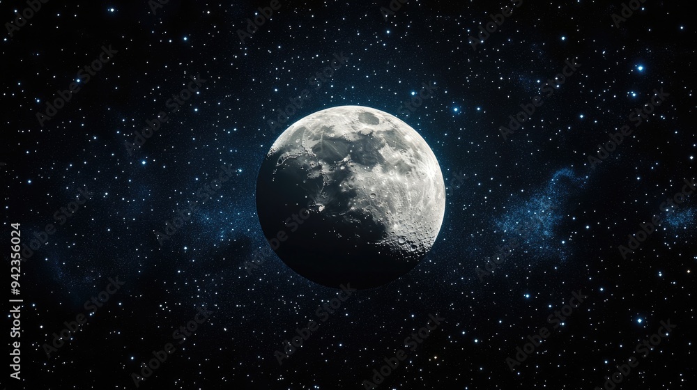 Poster a distant view of the moon floating in the vastness of space, with stars twinkling in the dark backg