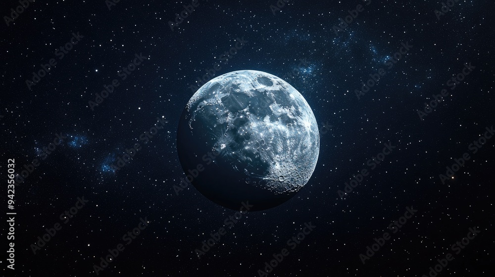 Poster a distant view of the moon floating in the vastness of space, with stars twinkling in the dark backg