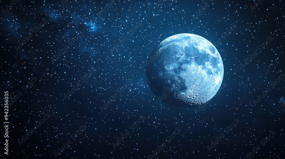 Poster a distant view of the moon floating in the vastness of space, with stars twinkling in the dark backg