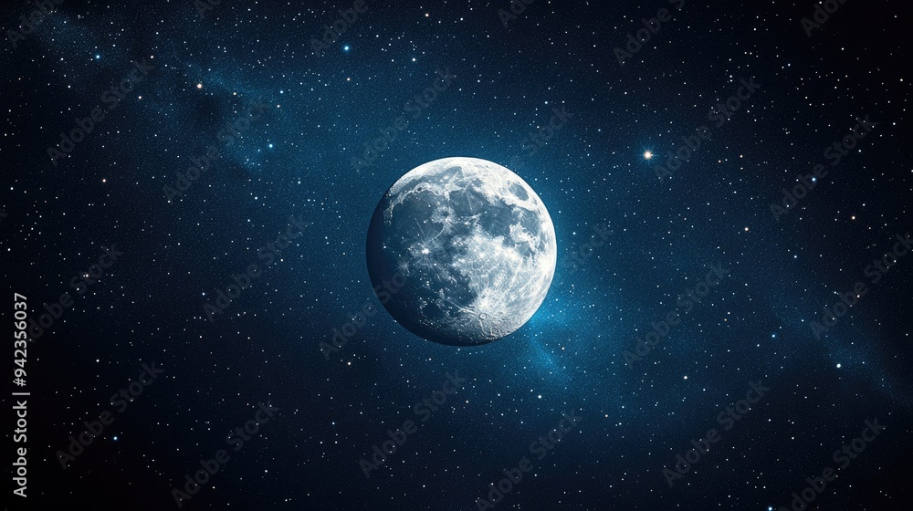 Poster a distant view of the moon floating in the vastness of space, with stars twinkling in the dark backg