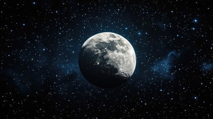 Obraz premium A distant view of the moon floating in the vastness of space, with stars twinkling in the dark background, providing a cosmic scene with ample space for copy.