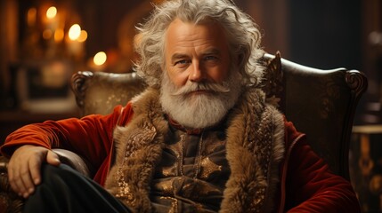 Fototapeta premium traditional Santa Claus sitting in his arm chair in a Christmas decorated living room