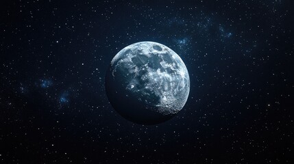 A distant view of the moon floating in the vastness of space, with stars twinkling in the dark background, providing a cosmic scene with ample space for copy.