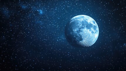 A distant view of the moon floating in the vastness of space, with stars twinkling in the dark background, providing a cosmic scene with ample space for copy.