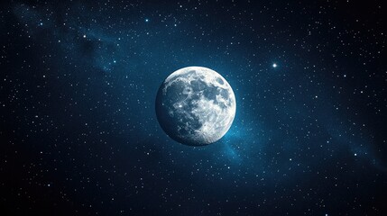 Naklejka premium A distant view of the moon floating in the vastness of space, with stars twinkling in the dark background, providing a cosmic scene with ample space for copy.