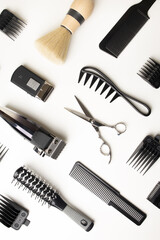 Set of barber tools on white background top view background pattern