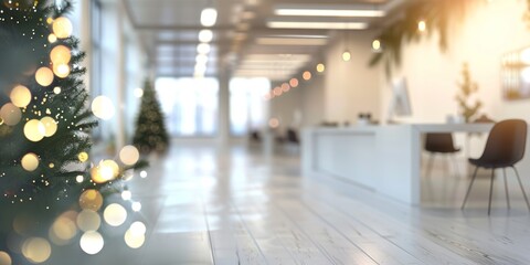 Christmas tree with lights in modern office cozy holiday decor workplace celebration seasonal festive atmosphere bright decorations concept