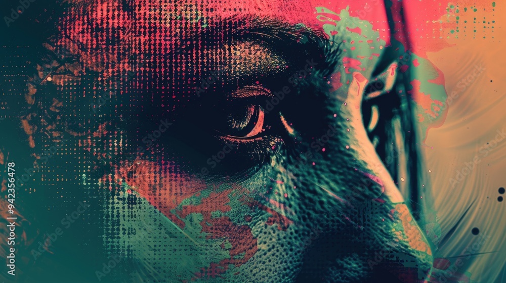 Poster a detailed view of an eye with vibrant colors in the background, suitable for use in illustrations o