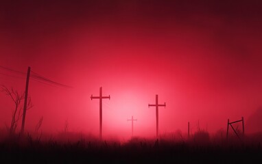 Obraz premium A haunting landscape featuring crosses under a mysterious red fog, evoking a sense of unease and intrigue in the viewer.