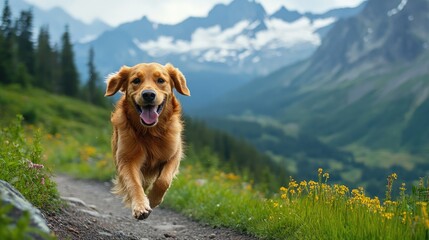 A dog happily running along a hiking trail with a scenic mountain backdrop, showcasing the joy of hiking with a furry companion and space for text.