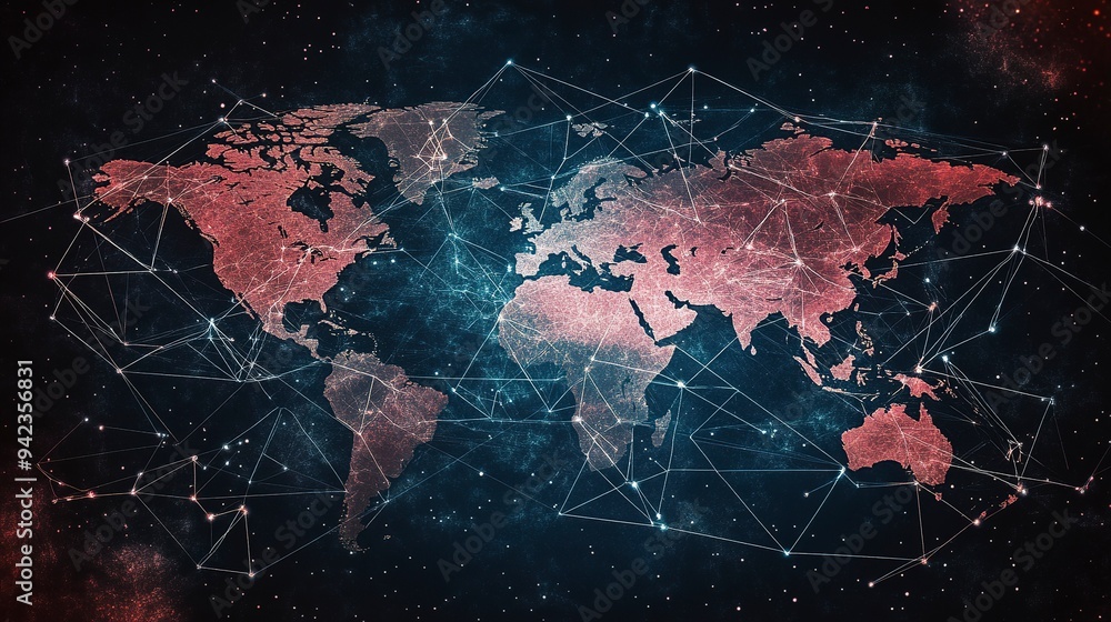 Poster a world map overlaid with interconnected lines and nodes, representing the concept of globalization,