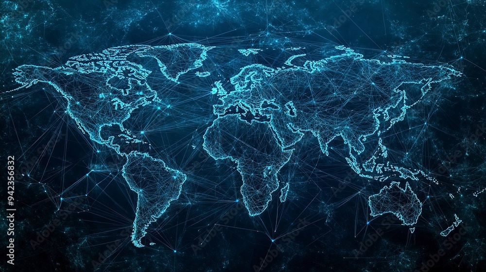 Poster a world map overlaid with interconnected lines and nodes, representing the concept of globalization,