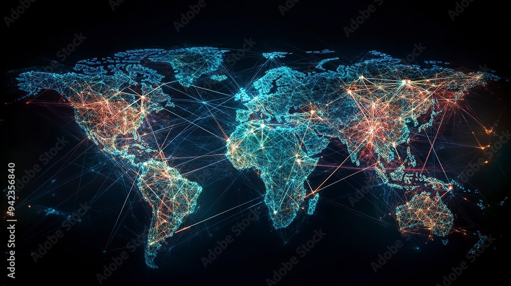 Poster a world map overlaid with interconnected lines and nodes, representing the concept of globalization,