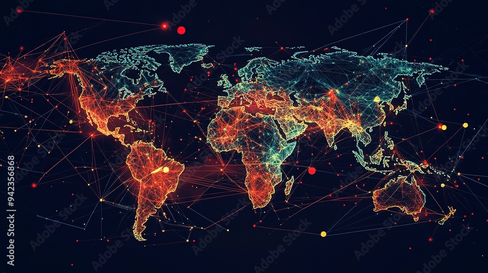 Aufkleber a world map overlaid with interconnected lines and nodes, representing the concept of globalization,