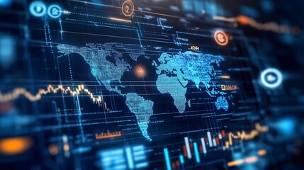 Fototapeta premium Illustration of global finance and investment with icons representing various currencies Trade And global markets on a digital globe