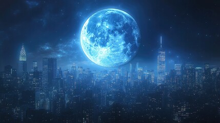 A dramatic blue moon over a city skyline, with the moons cool light illuminating the urban environment, perfect for celestial and urban themes with ample copy space.