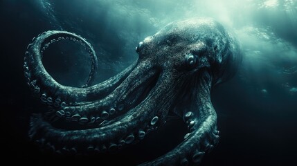 A dramatic deep ocean shot with a massive, otherworldly creature like a giant squid emerging from the dark depths.