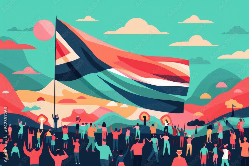 Poster a large group of people gathered together, all holding a flag with a unifying message