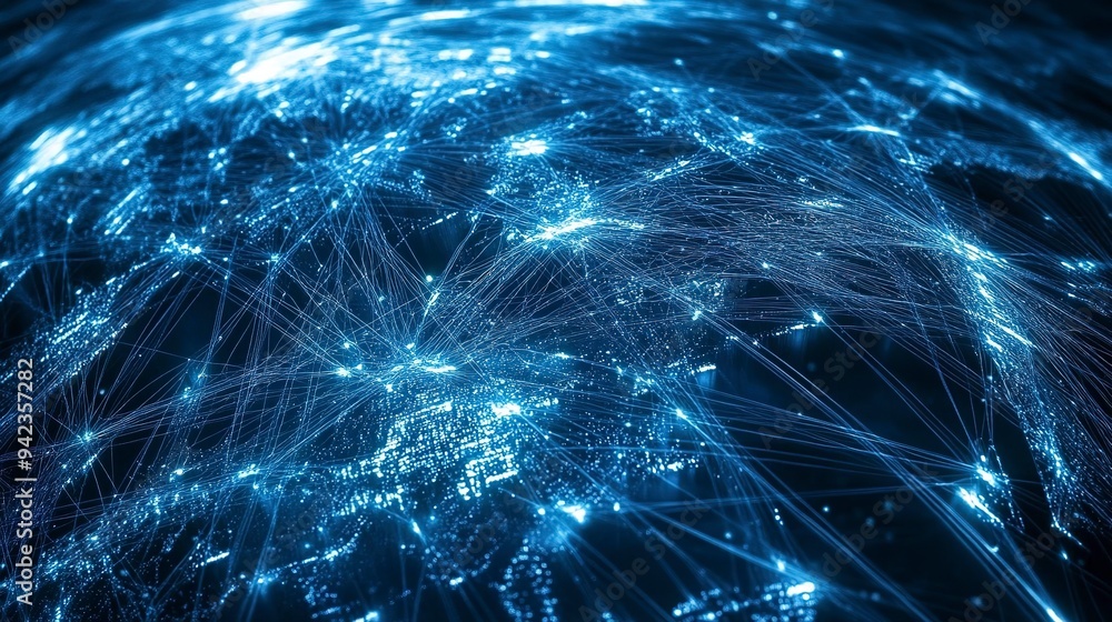 Poster a blue and white image of the world with many lines connecting it