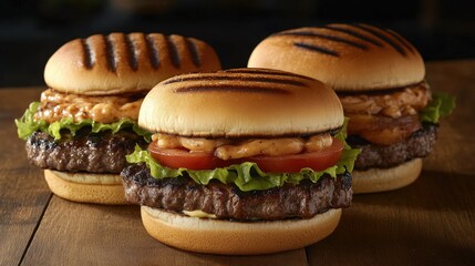 burgers featuring grilled meat and a variety of toppings