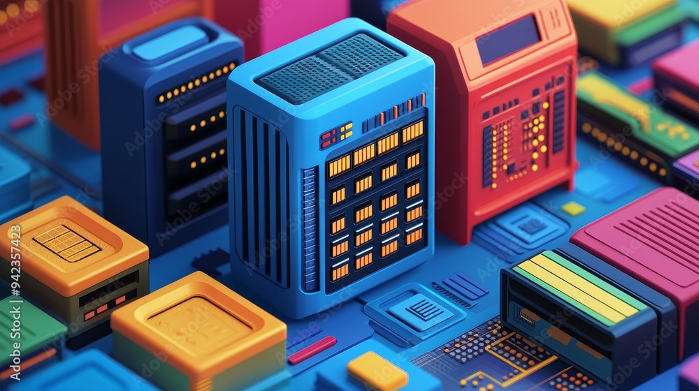 Poster a colorful abstract image of retro-futuristic technology with vibrant colors and geometric shapes.