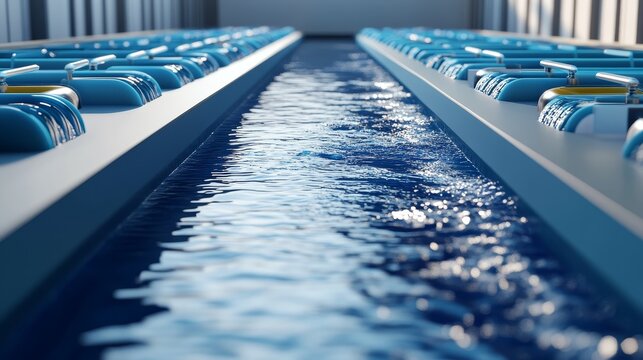 A close-up view of a water treatment plant with water flowing through a series of filtration systems.